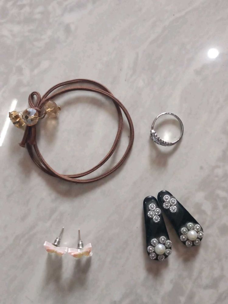 Assorted Jewelry Lot: Ring, Earrings, &amp; Hair Tie