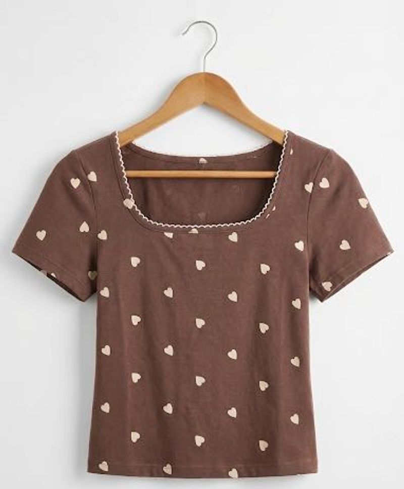 Brown Heart Print Crop Top