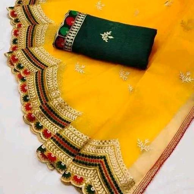 Elegant Yellow &amp; Green Sari