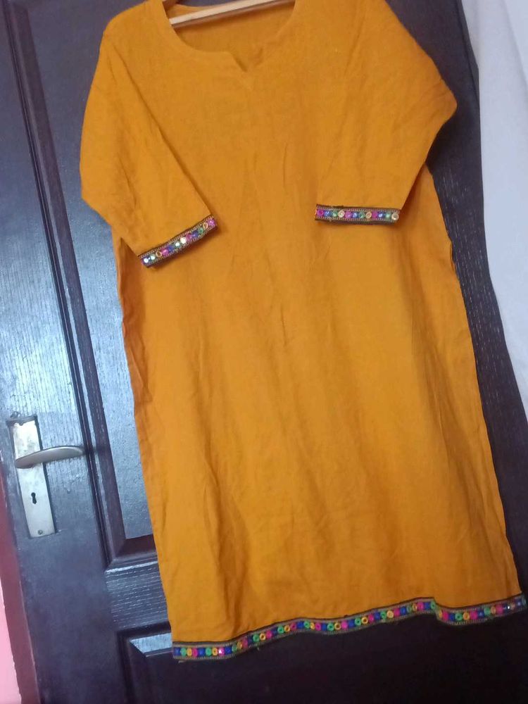 Yellow Kurti with Colorful Trim