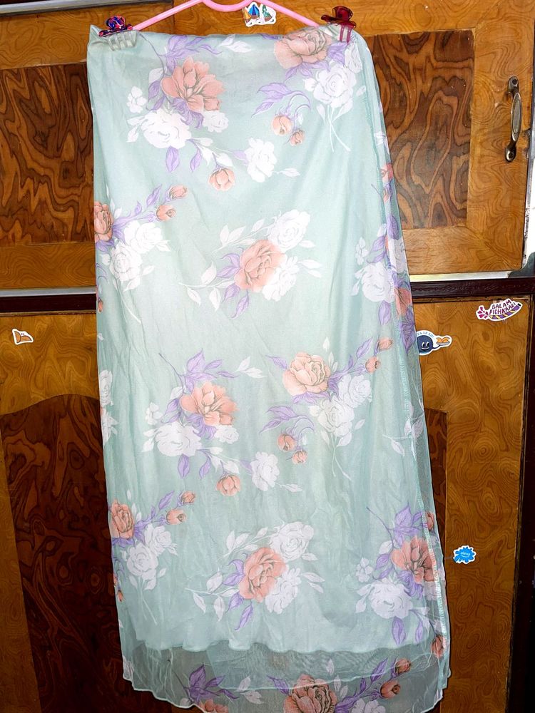 Floral Print Light Green Net Skirt With linin