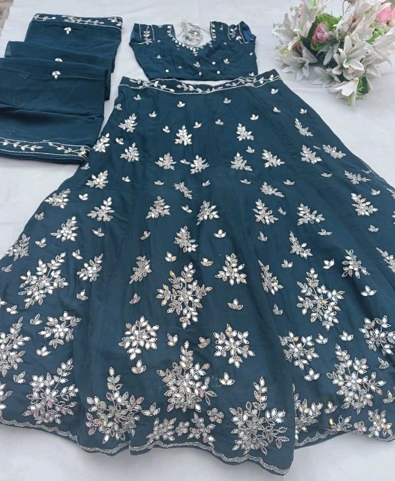 Blue Mirror Work Lahenga
