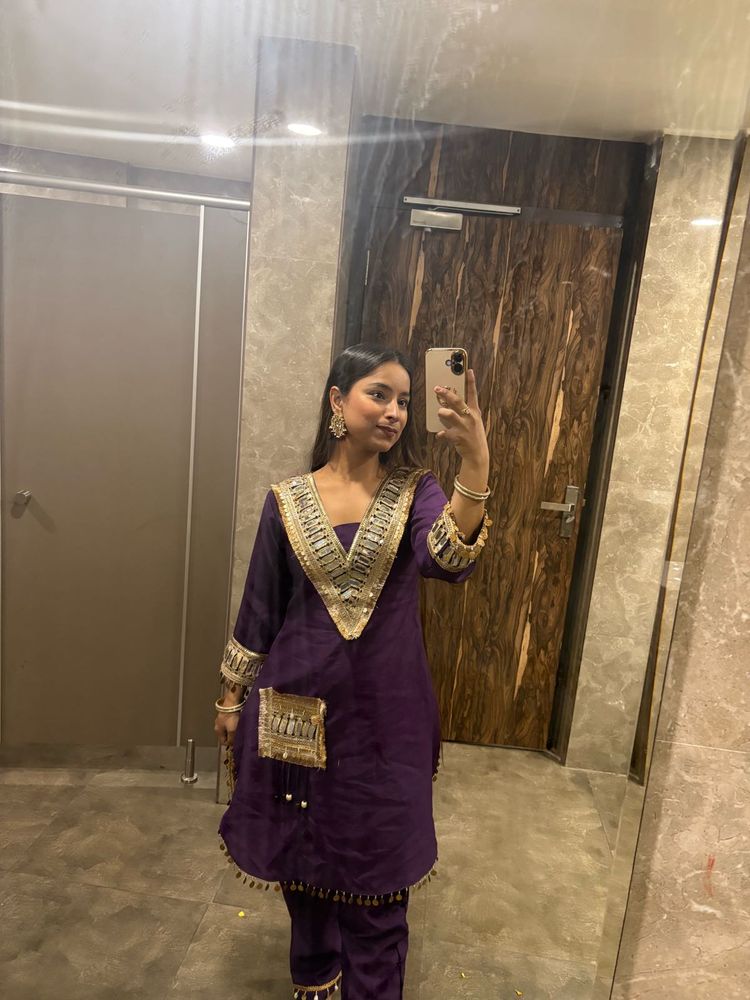 Purple Embroidered Kurta Set with potli