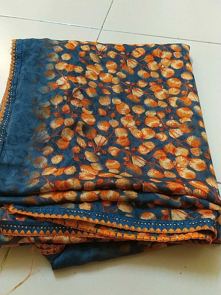 Blue &amp; Orange Floral Saree