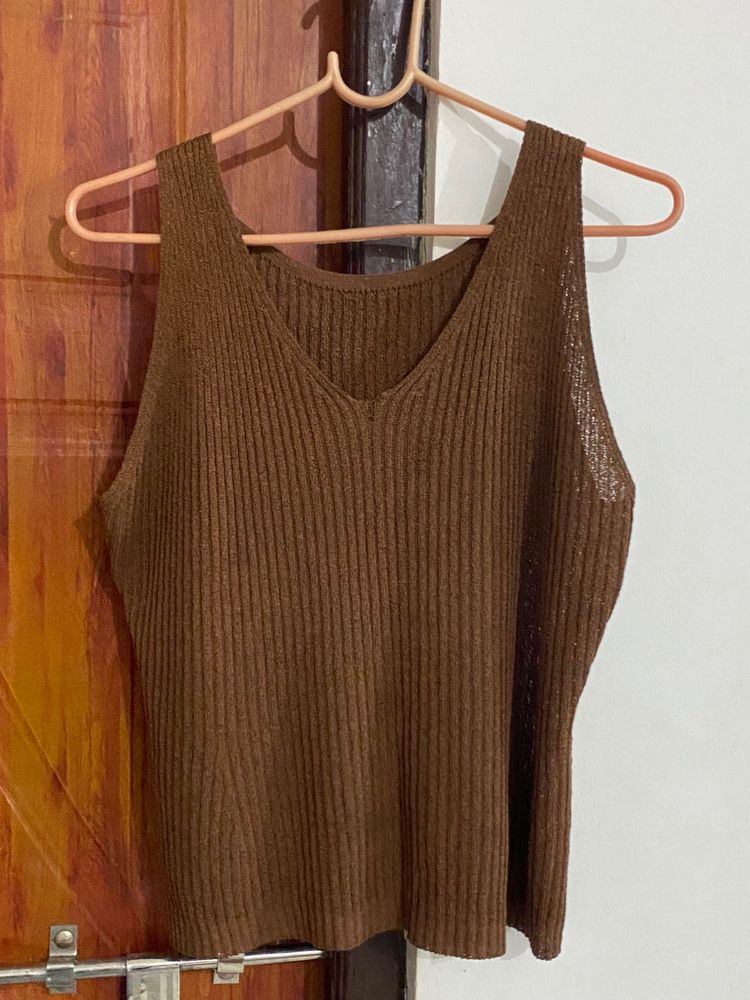 Brown Ribbed Knit Tank Top