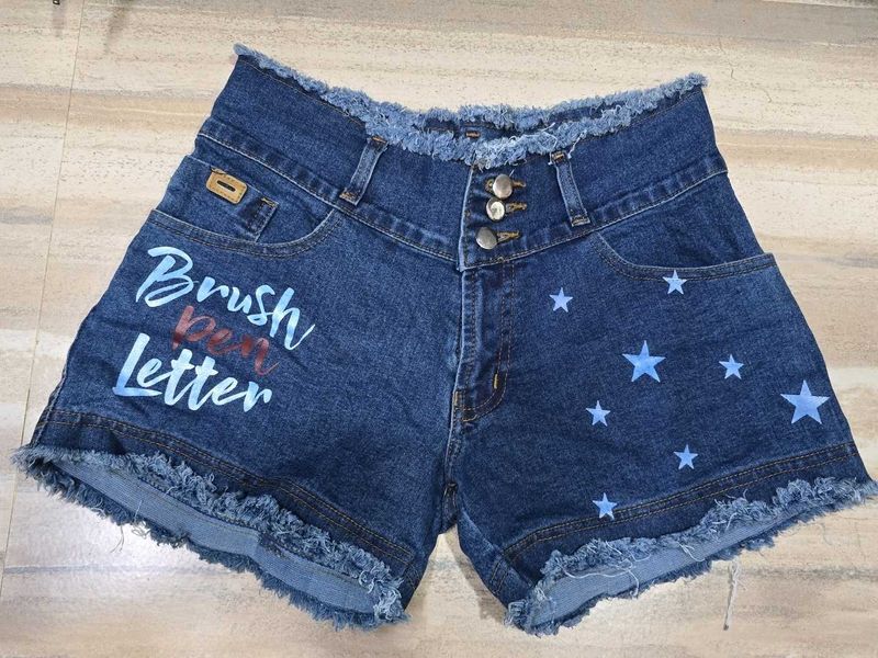 Denim Star Print Frayed Shorts