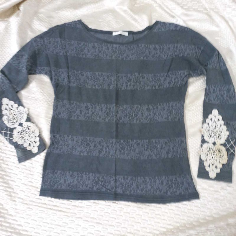 Lace Cuff Striped Top