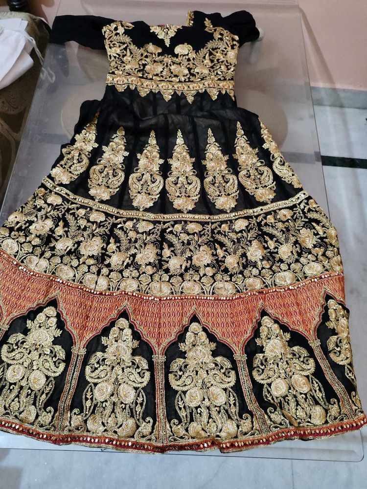 Elegant Black &amp; Gold Embroidered Gown