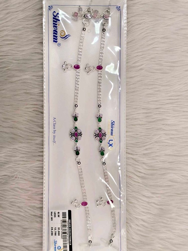Elegant Silver Anklets with Ruby &amp; Emerald Stones