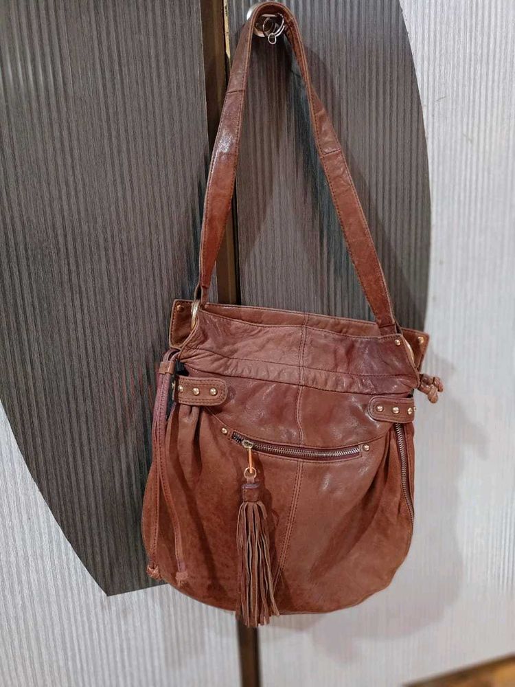 Brown Leather Shoulder Bag with Tassel