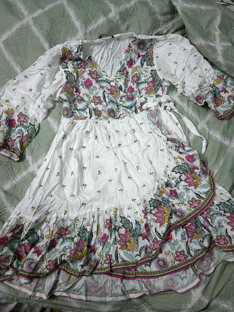 Floral White Wrap Dress