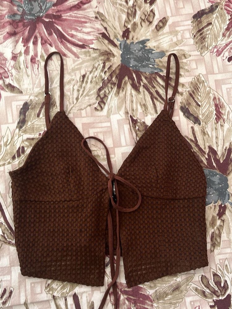 Brown Tie Front Crop Top