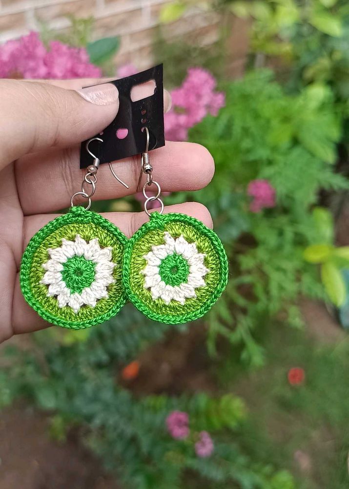 Green Crochet Circle Earrings