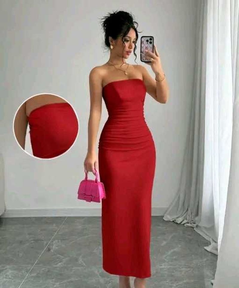 Red Strapless Midi Dress