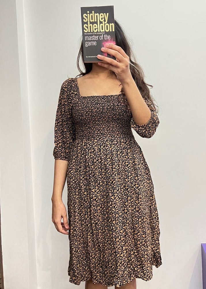 Square Neck+ Off Shoulder Smoked Midi Dress