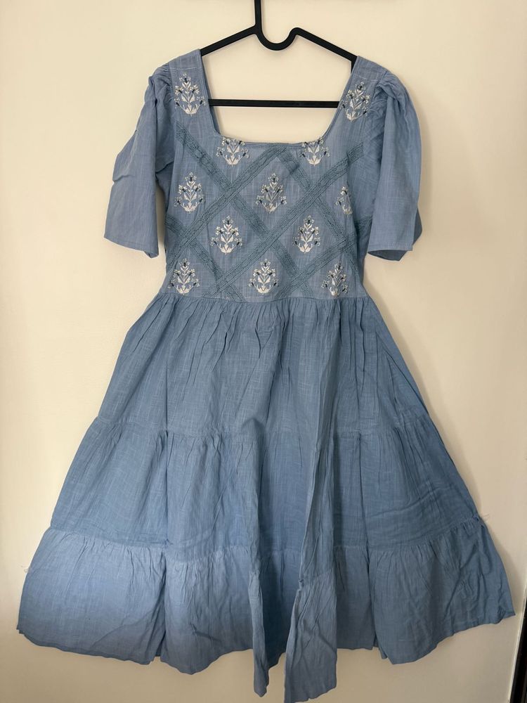 Blue Embroidered Tiered Dress
