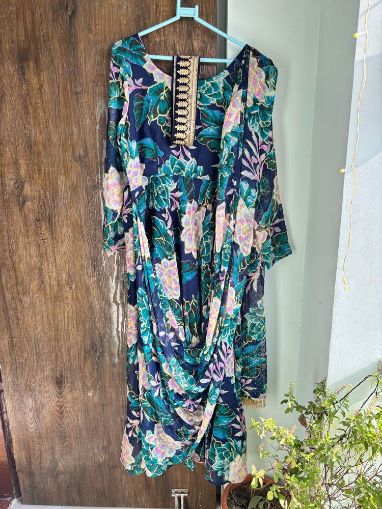 Floral drape gown with belt