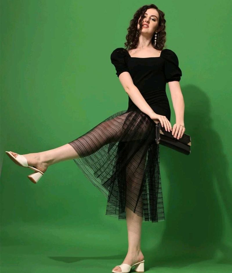 Puff Sleeve Square Neck Net Frill Flare Bodycon
