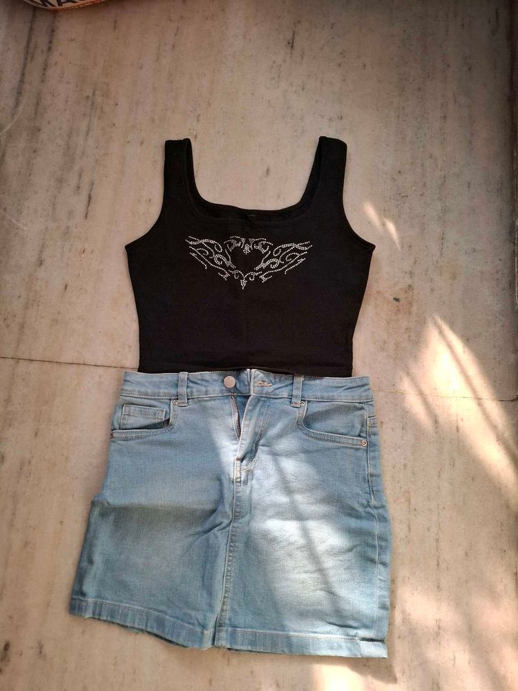 Black Top &amp; Denim Skirt Set