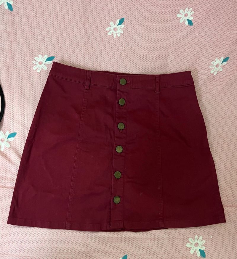 Burgundy Button-Front Skirt