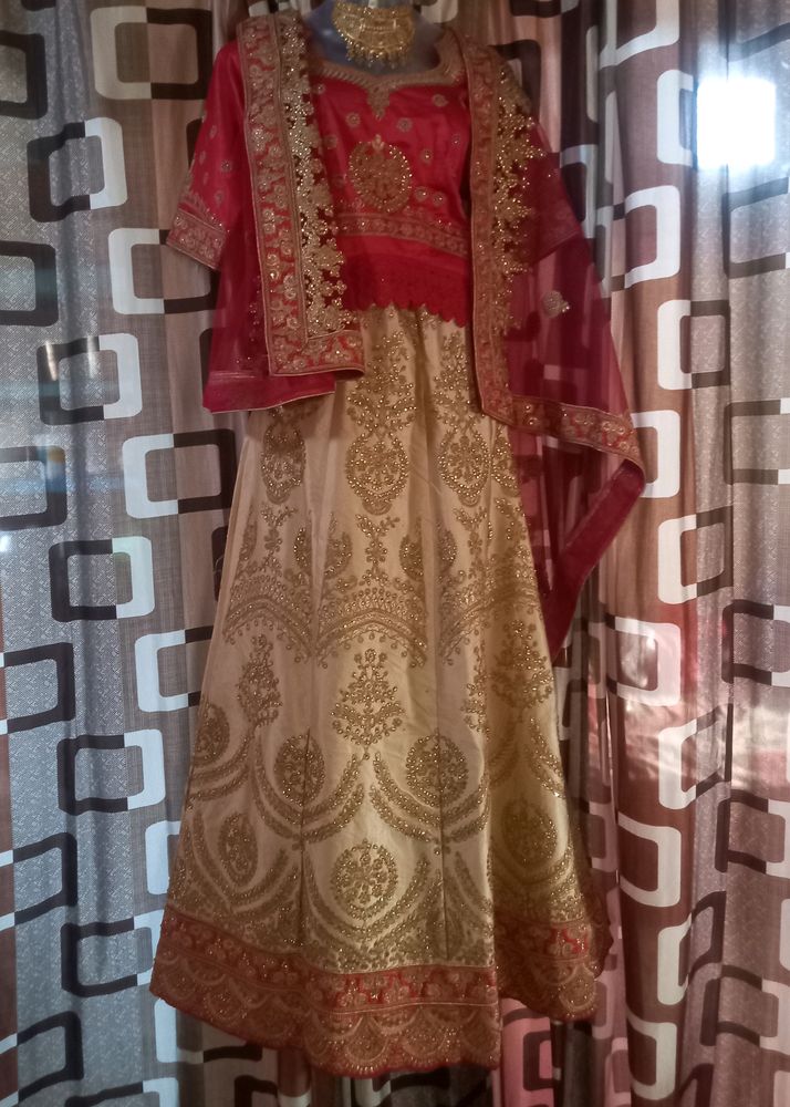 Red With Cream Color Braidel Lehenga Full Set