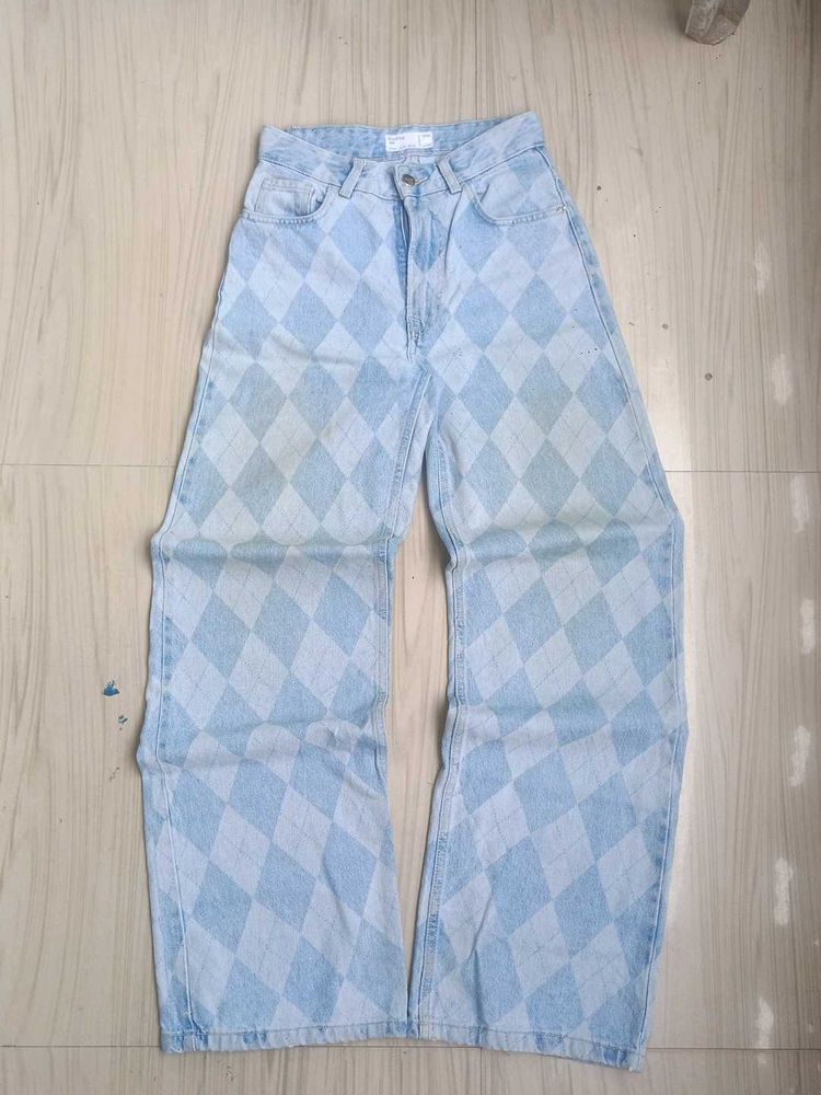 Bershka Unisex Patterned Heavy Wide Leg Jeans