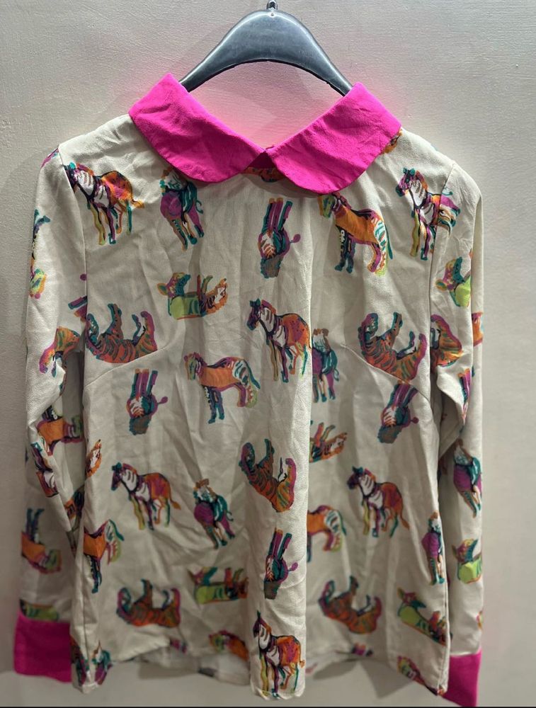 Funky Animal-Print Shirt with Vibrant Pink Collar