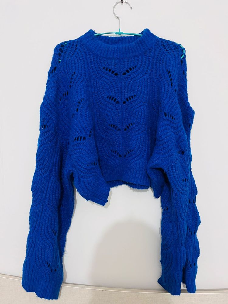 Blue Knit Cropped Sweater