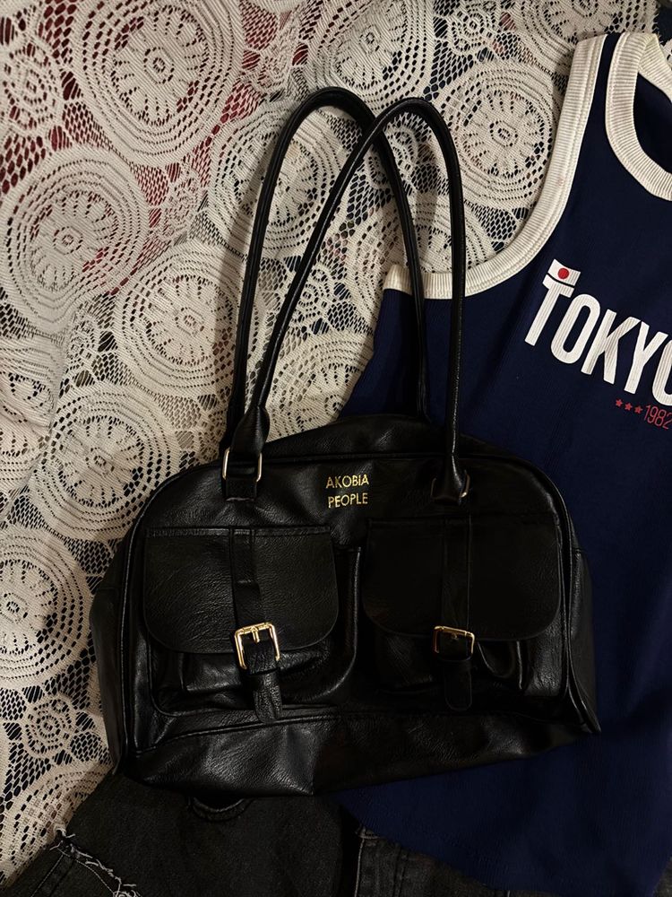 blacl leather shoulder y2k cool bag