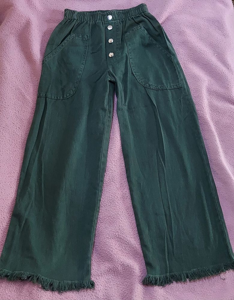 BOTTLE GREEN COTTON WIDE LEG PANT (IN CASH)