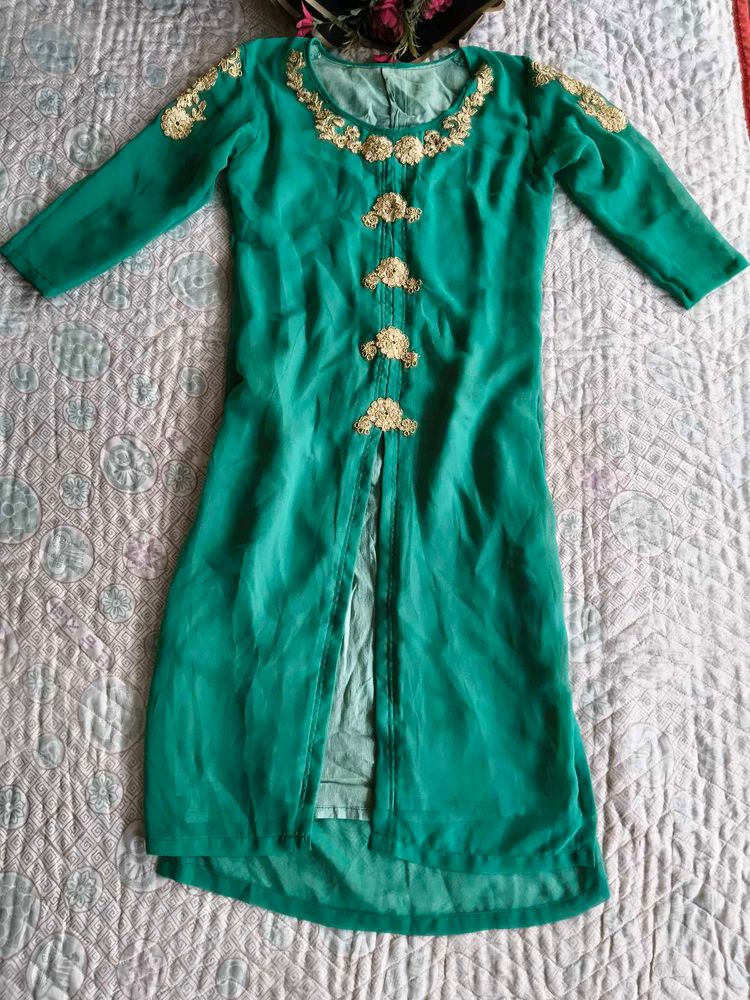 Emerald Green &amp; Gold Embellished Kurti