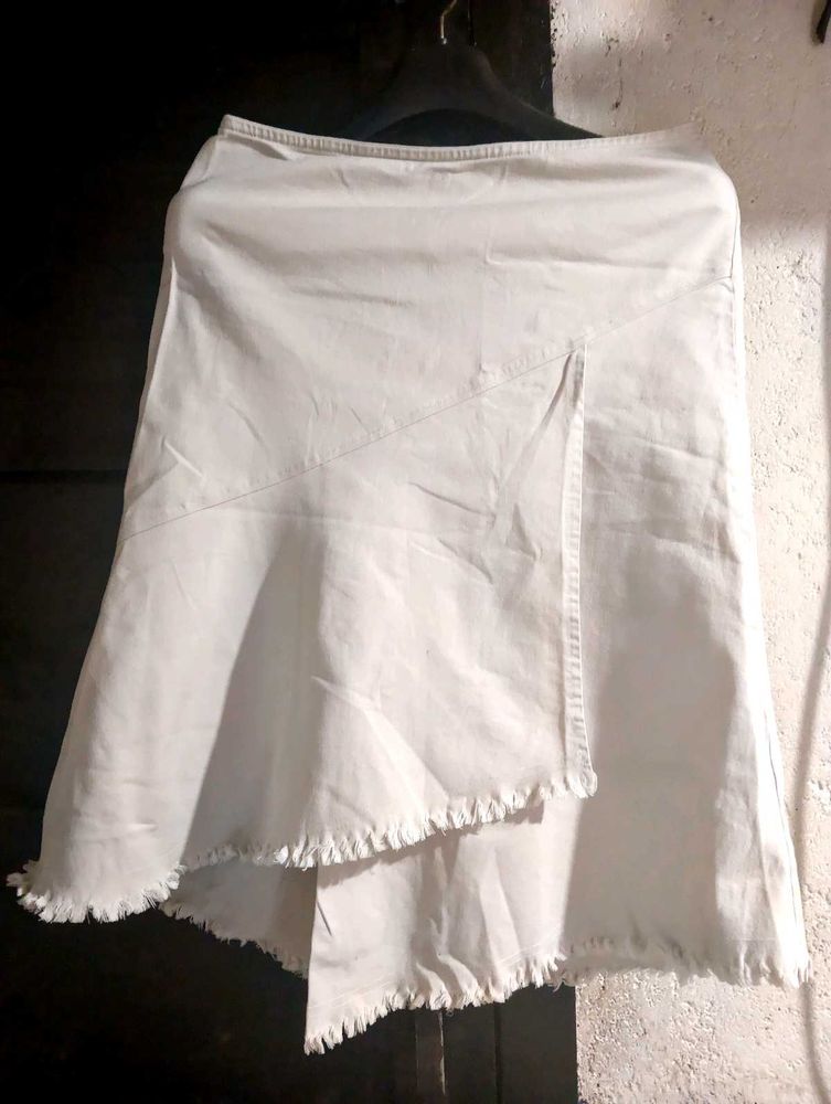 Cream Fringed Asymmetrical Skirt