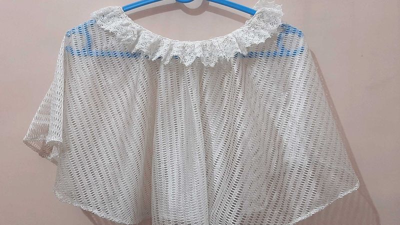 White Crochet Ruffle Poncho