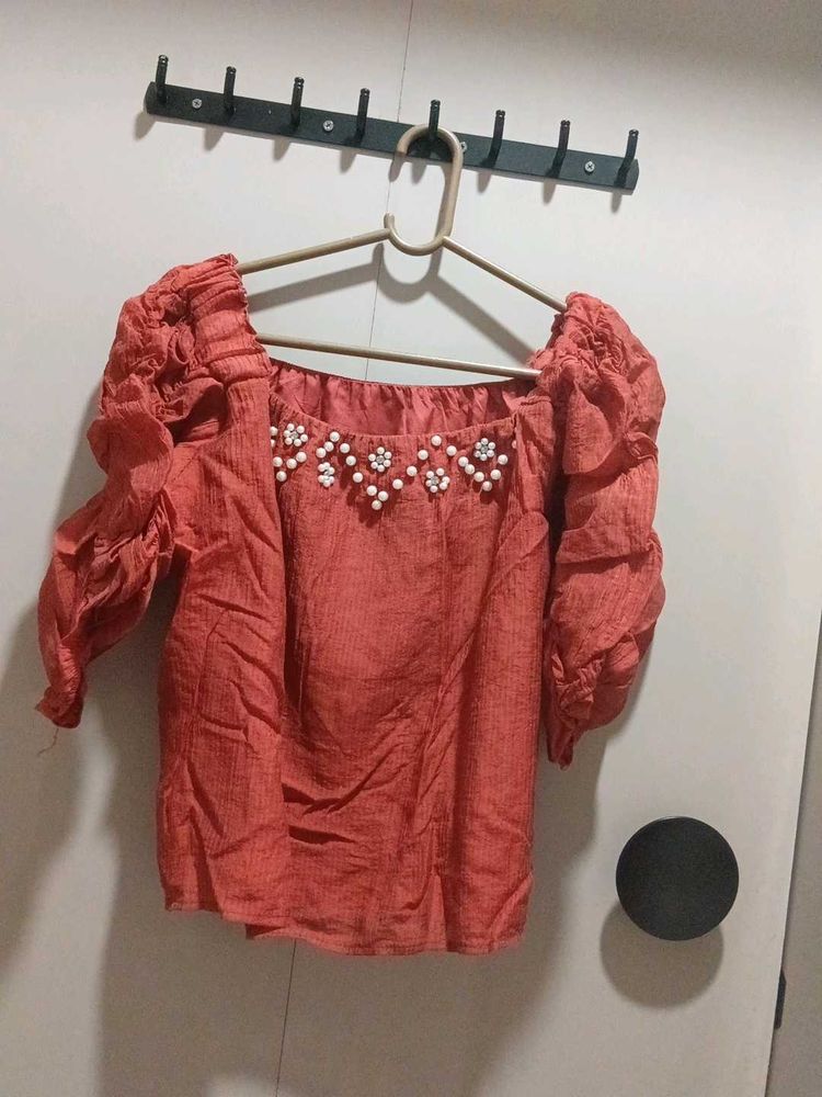 Coral Puff Sleeve Top