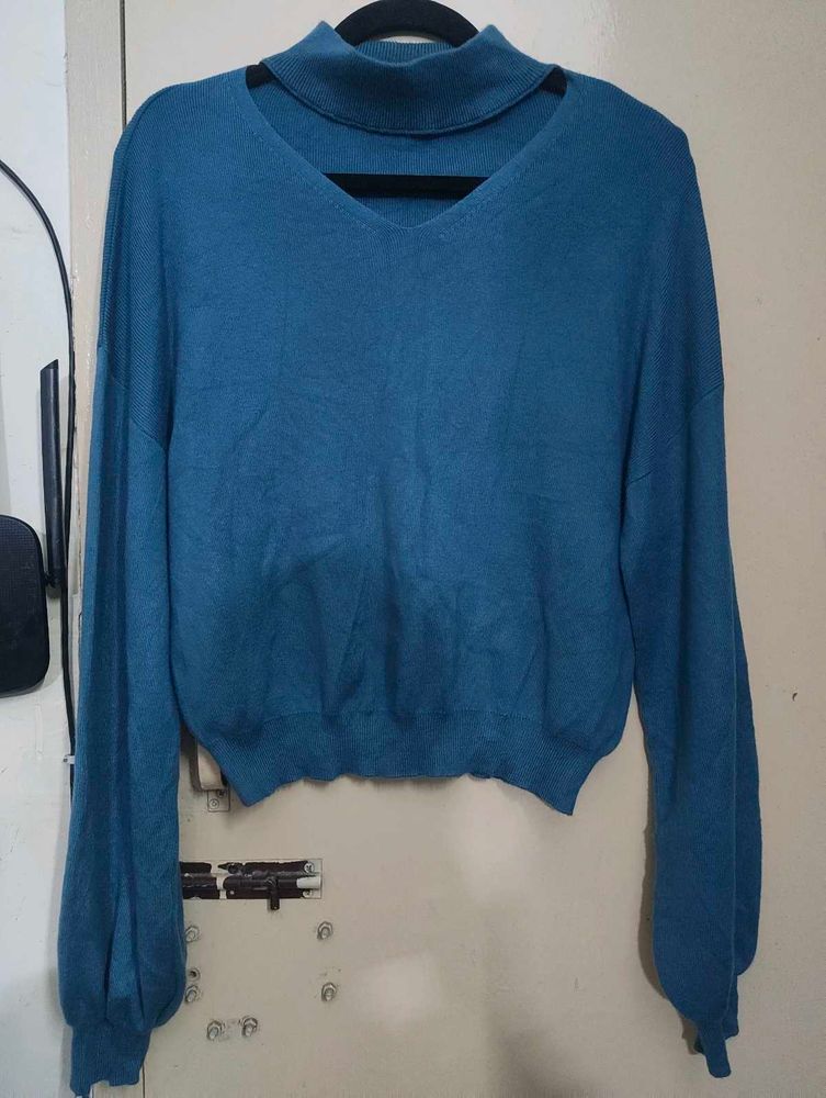 Teal Cutout Neck Long Sleeve Top
