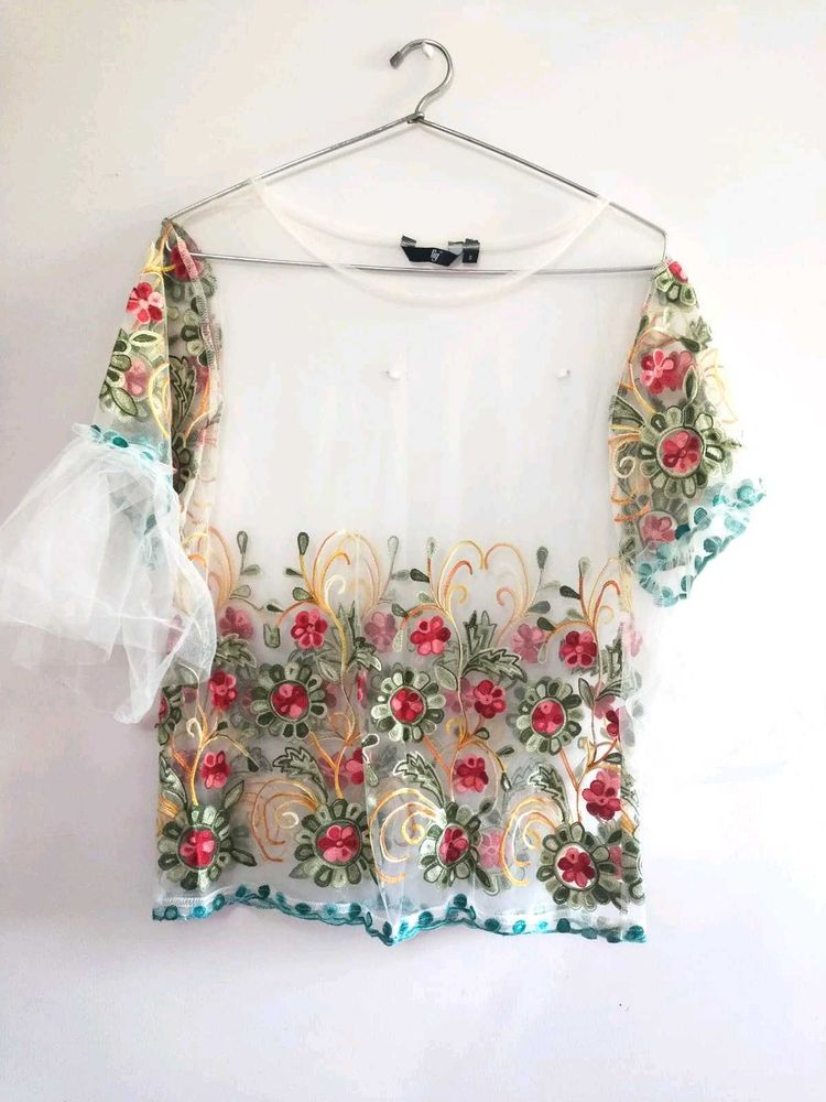 Floral Embroidered Net Top