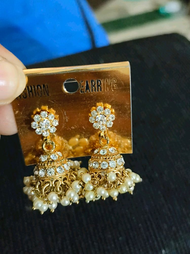 Gold Colour Pearl &amp; Stone Jhumka