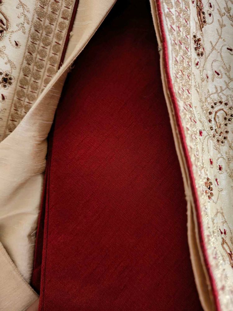 Elegant Cream &amp; Maroon Sherwani