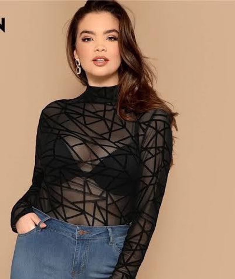 Black Geometric Print Mock Neck Top