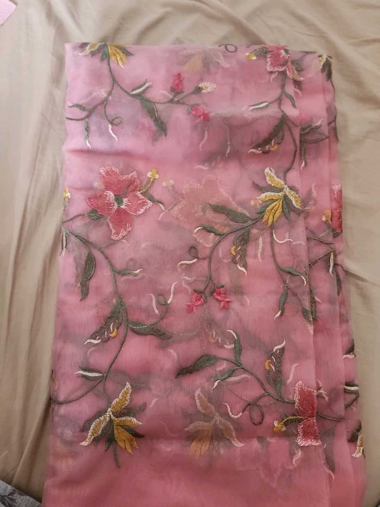 Pink Floral Organza Dress/Saree Material