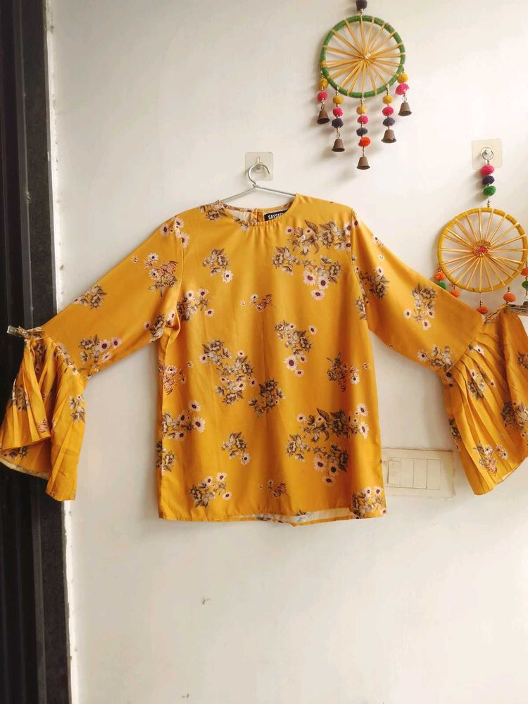Mustard Floral Printed Top With Bell Sleeves