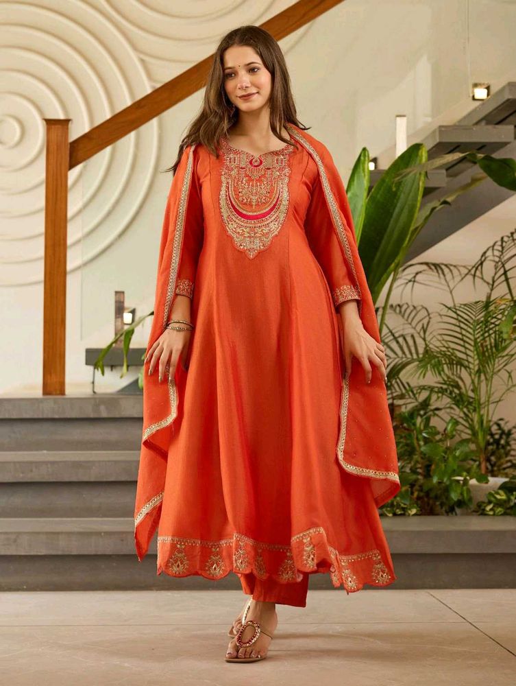 Women&#39;s Vichitra Silk Embroidered Flared Kurta wit