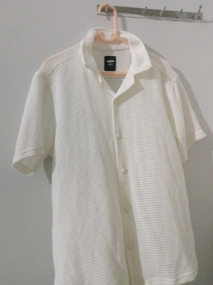 "NUON White Mesh Half Sleeve Button-Up Shirt