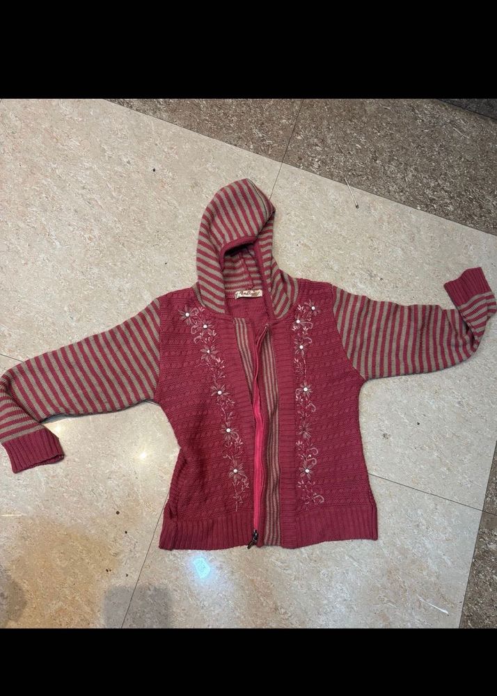 Striped Hooded Knit Cardigan and green wool jumper