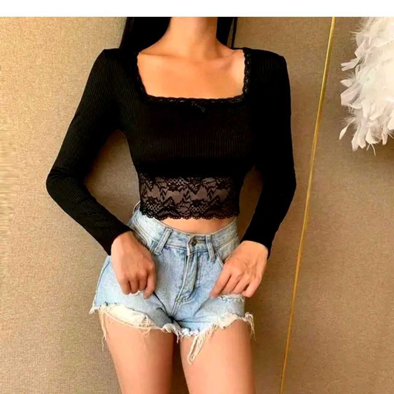 Lace Trim Long Sleeve Top