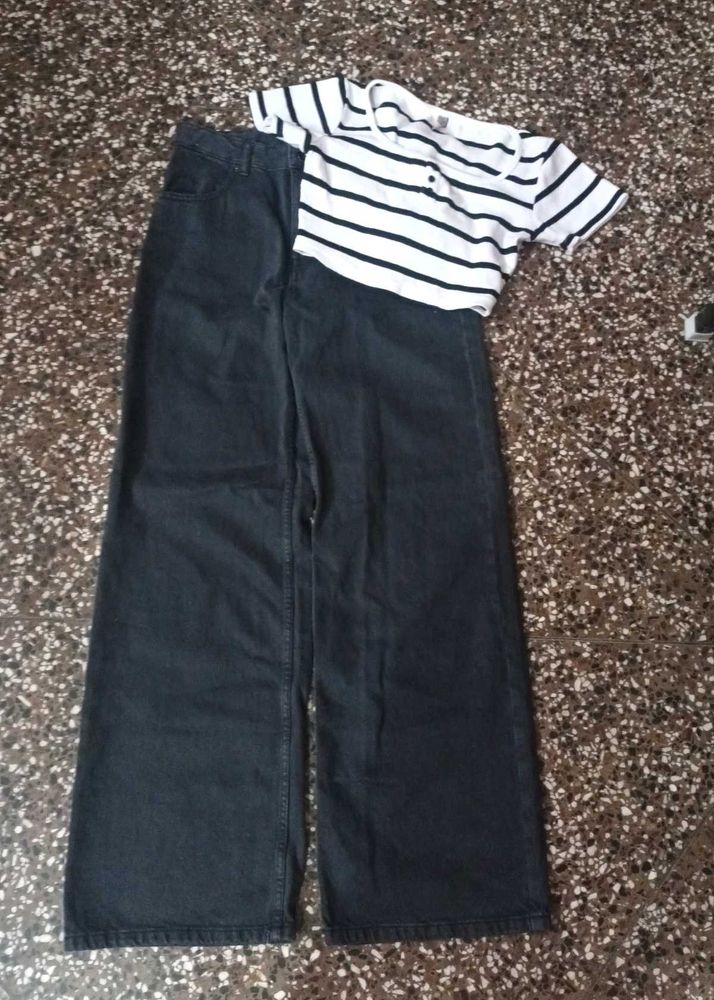 CHARCOAL WIDE LEG WOMEN JEANS