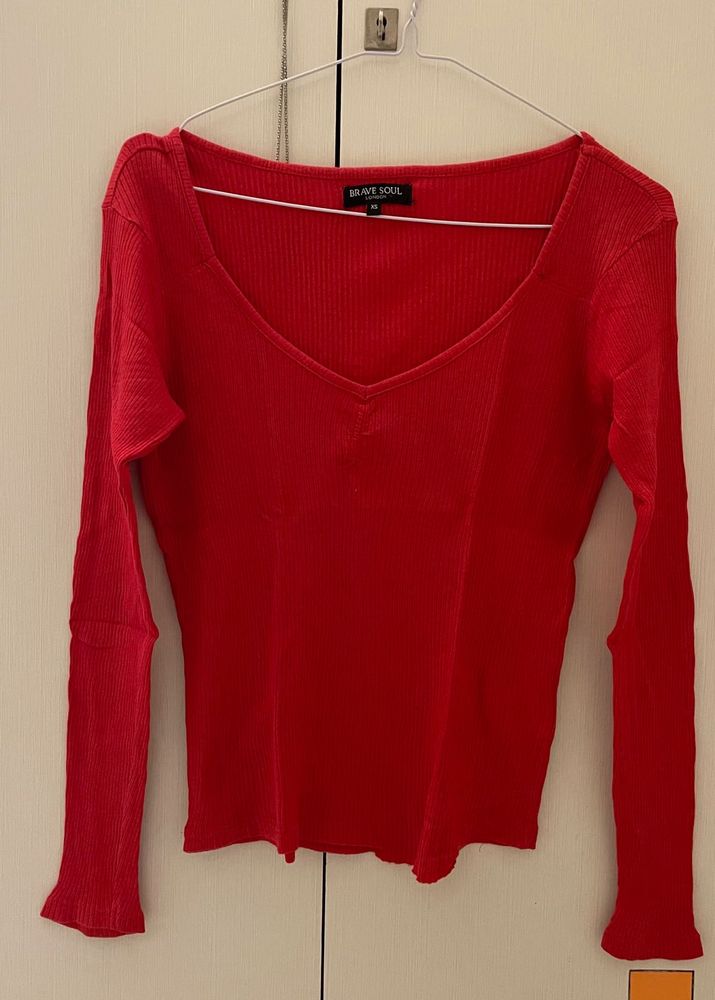 Red cotton ribbed Top