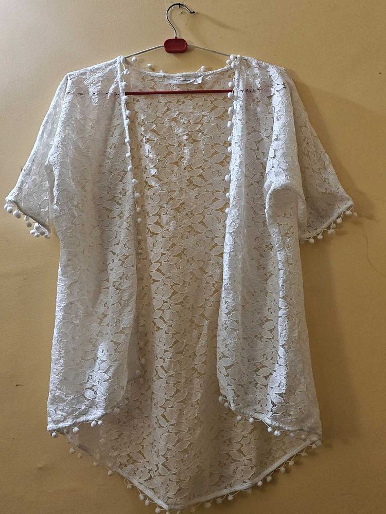 White Lace Shrug with Pom Poms