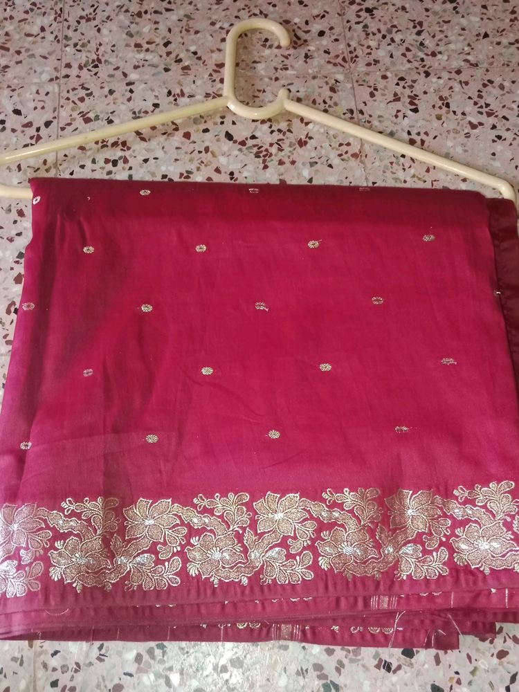 Maroon Colour Saree With Foil Silver Gold Design
