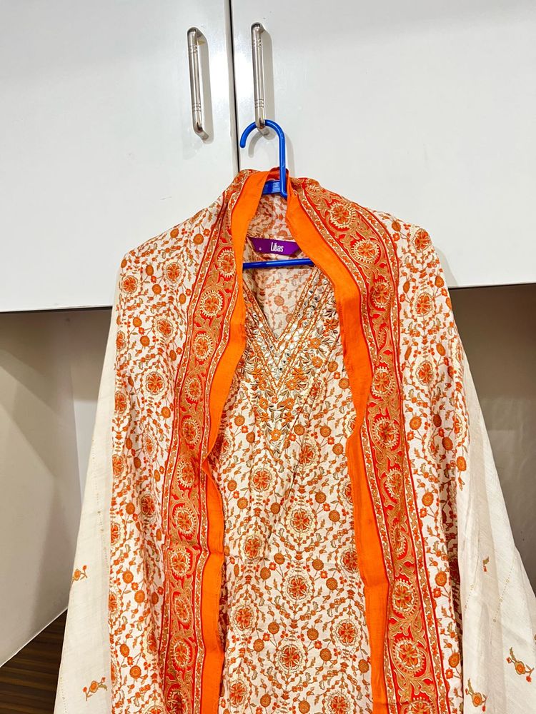Libas Orange &amp; White Printed Salwar Set
